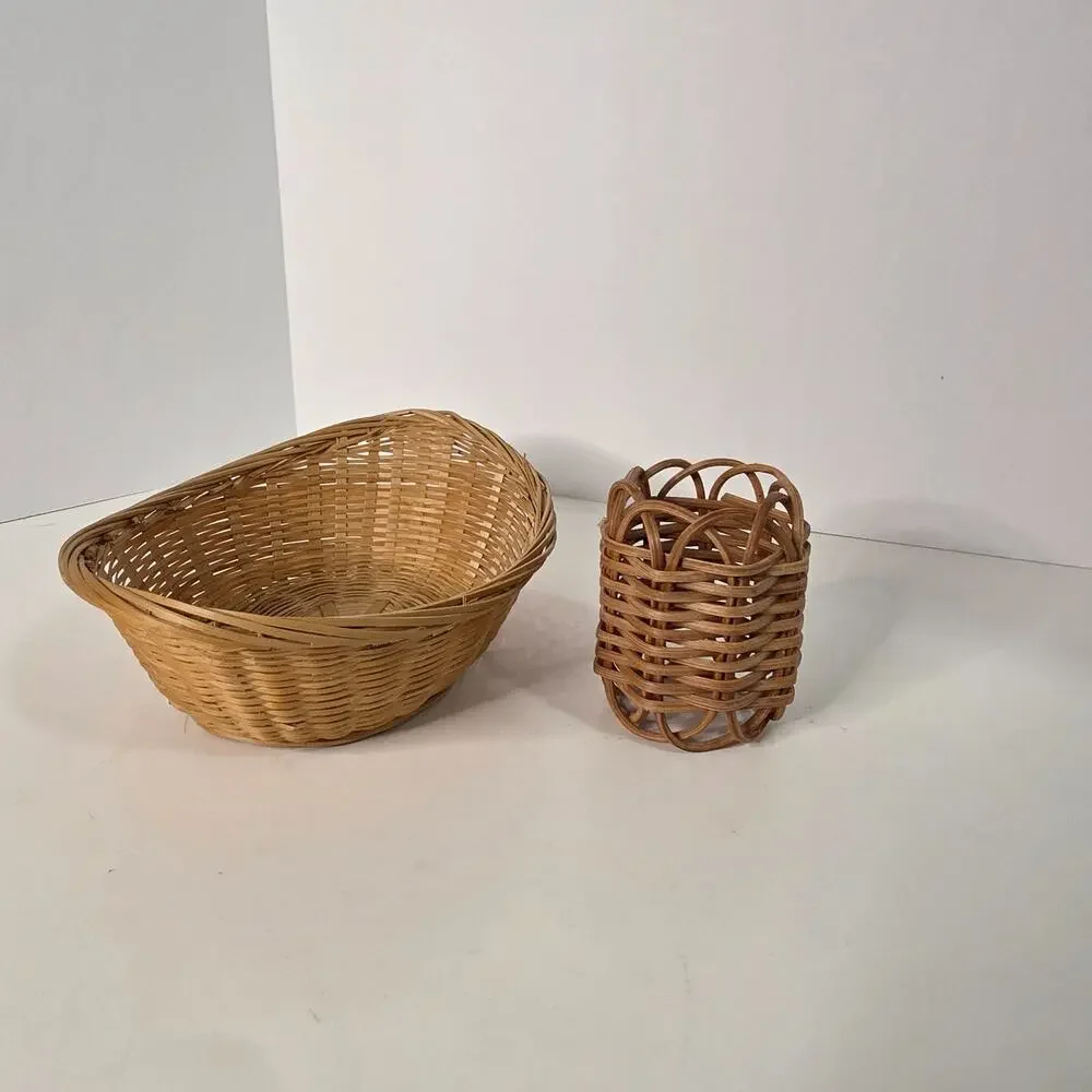 Natural Wicker Oval Basket & Woven Napkin Ring Boho Cottagecore Decor